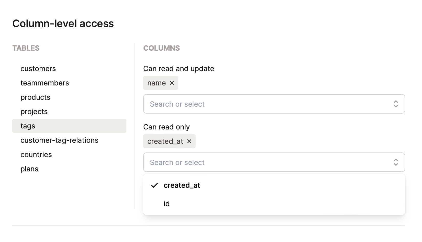 Setting column-level access for your database in Dashibase